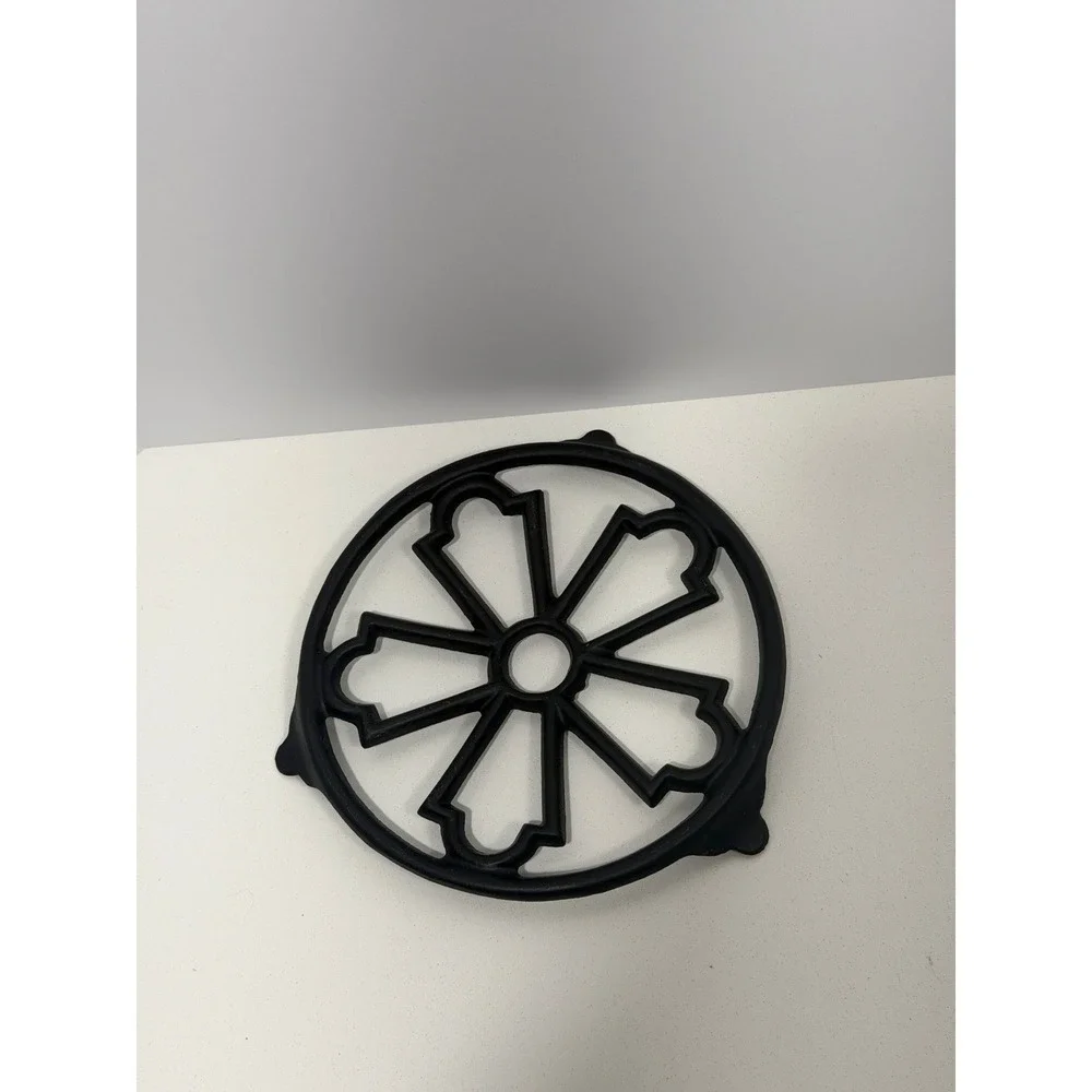 Decotec France Cast Iron Trivet Black Round Openwork Floral Pot Stand 8 inch